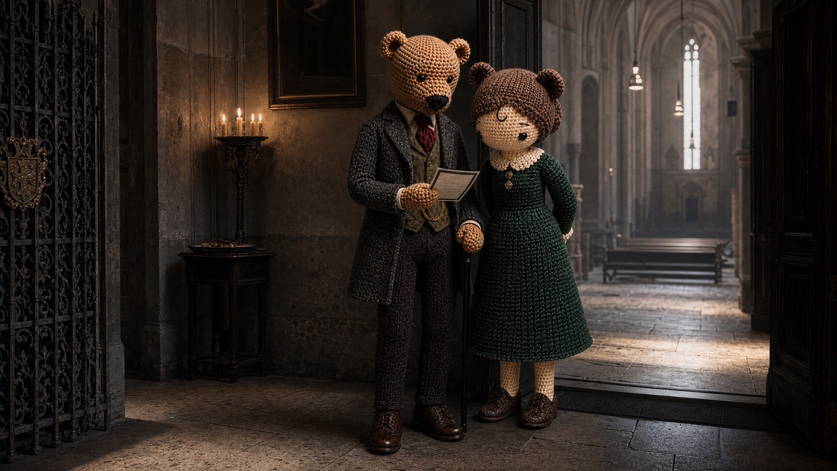 Sir Donald Ashcombe und Imaneona Welser stehen mit der Todesanzeige im Eingang einer alten Kirche.