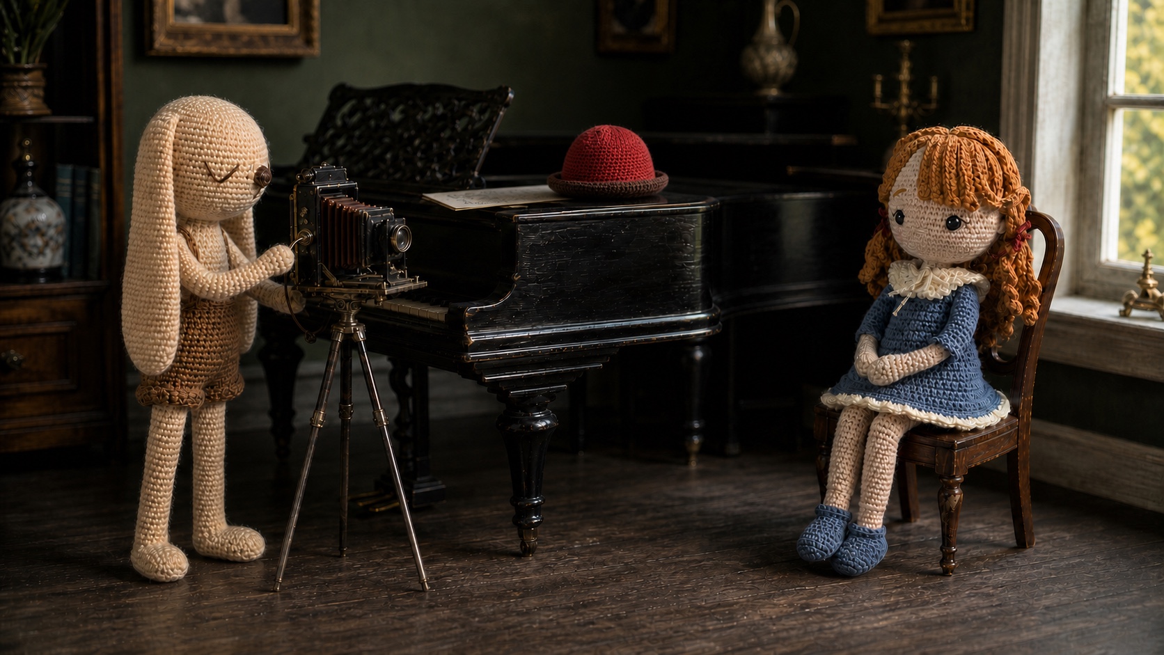 Leander Löwenstein steht an einer alten Kamera, während Veronika von Buddenbrock im Musikzimmer von ihm erzählt.