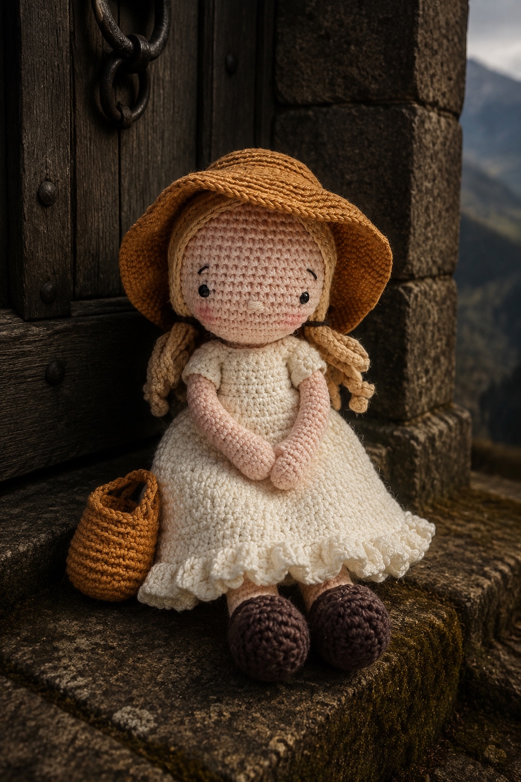 Ella von Spanheim im hellen Häkelkleid und mit ockerfarbenem Hut am verschlossenen Burgtor bei Nacht.